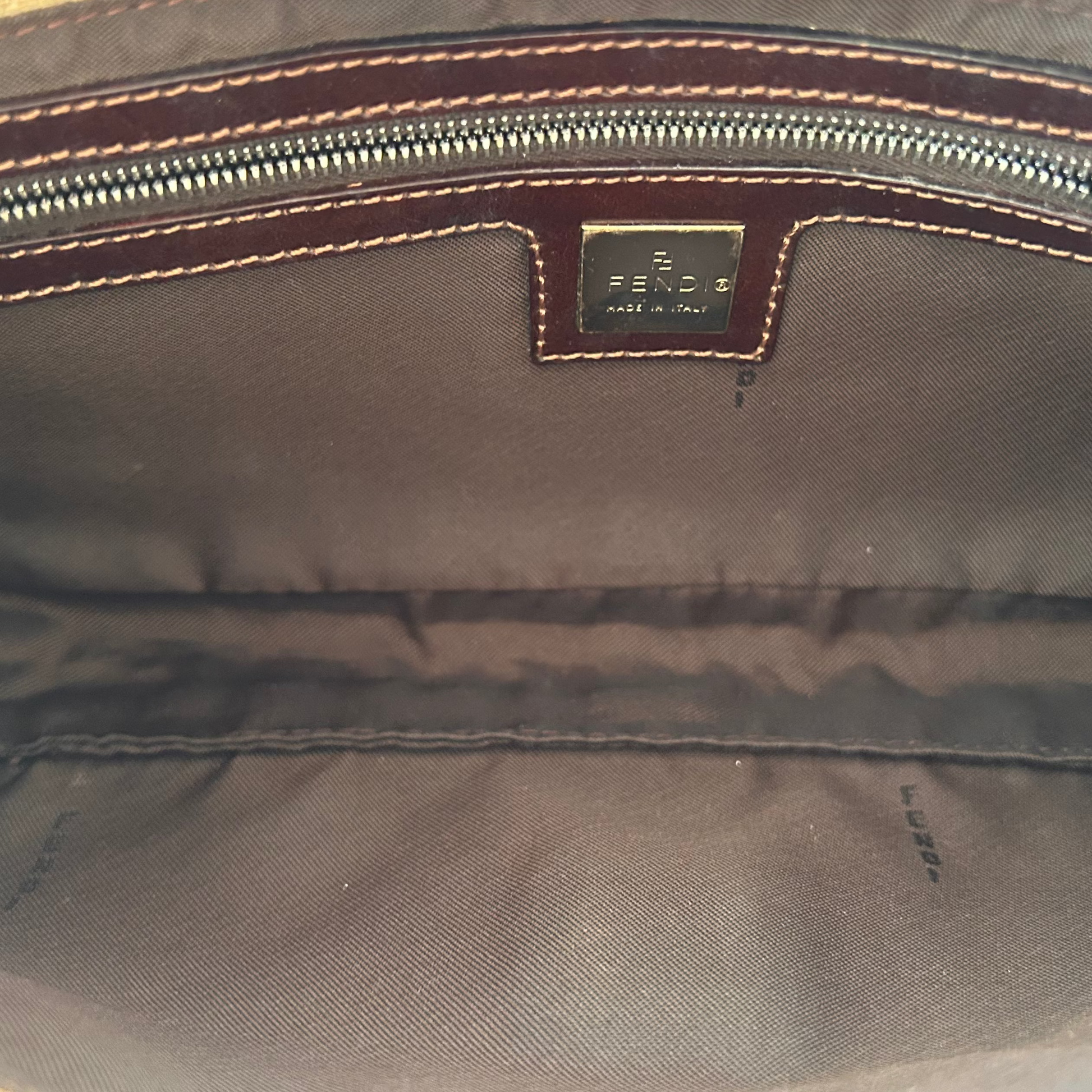 Fendi Zucca Baguette Beige Shoulder Bag interior view