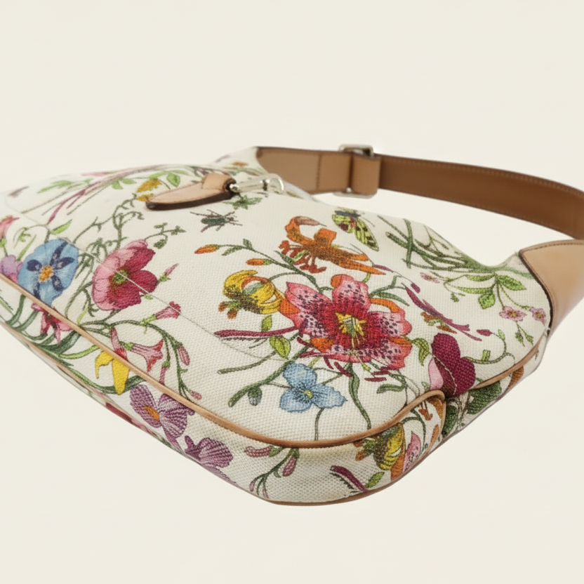 Gucci Floral Canvas Multicolor Jackie Shoulder Bag bottom side view